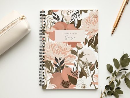 Tagebuch personalisiert DIN A5 / A4, Notizbuch kariert, liniert, gepunktet, blanko, Hardcover oder transparente Deckseite, Blumen Muster