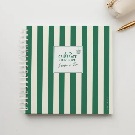 Gästebuch Hochzeit personalisiert – Hardcover Ringbuch 21x21 cm – Modernes Hochzeitsgästebuch zum Ausfüllen | Streifen | Grün
