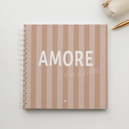 Personalisiertes Hochzeitsgästebuch Hardcover Ringbuch 21x21 cm – Gästebuch Hochzeit zum Ausfüllen oder Blanko - Amore - Gestreift - Braun