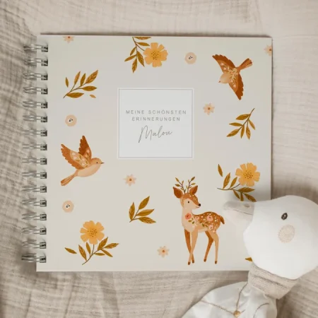 Erinnerungsbuch Baby personalisiert – Fotoalbum Taufe Kita Kindheit Babyparty - Reh - Waldtiere - Leere Seiten - Geschenk Geburt